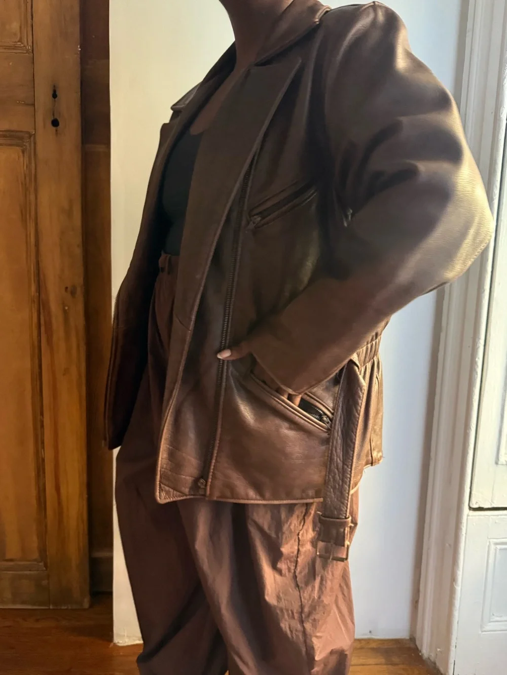 Vintage Gil Bret Brown Leather Belted Moto Jacket Distressed Biker Coat - Picture 3 of 13